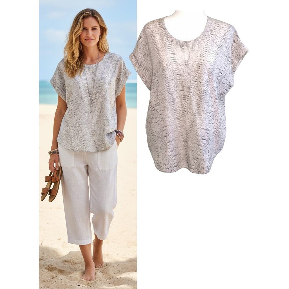 CAbi 100% Silk Popover Blouse Top Wmn's XS Tan Gray Print Oversized Soft Luxury